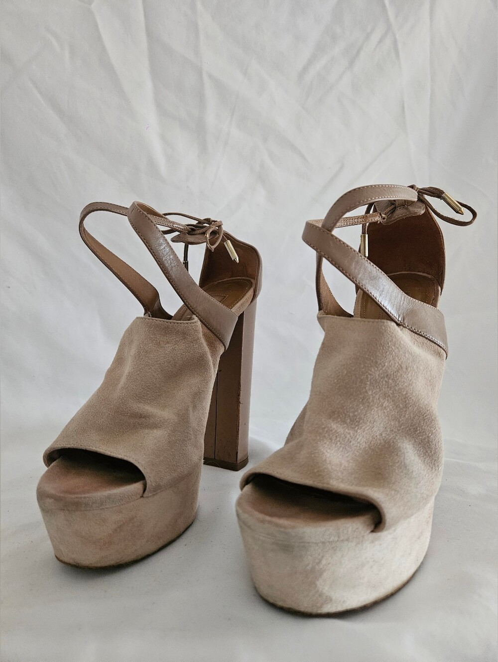 Aquazzura Beige Taupe Suede Platform Peep-Toe Heels